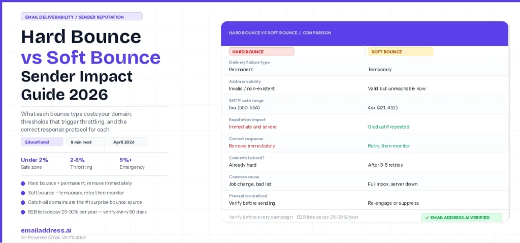 hard bounce vs soft bounce email sender reputation guide emailaddress.ai 2026